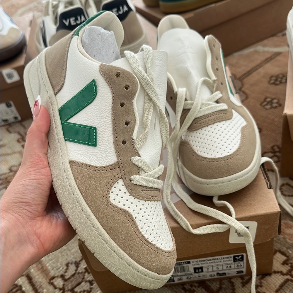 Veja V-10 Sneakers in White, Tan, and Green